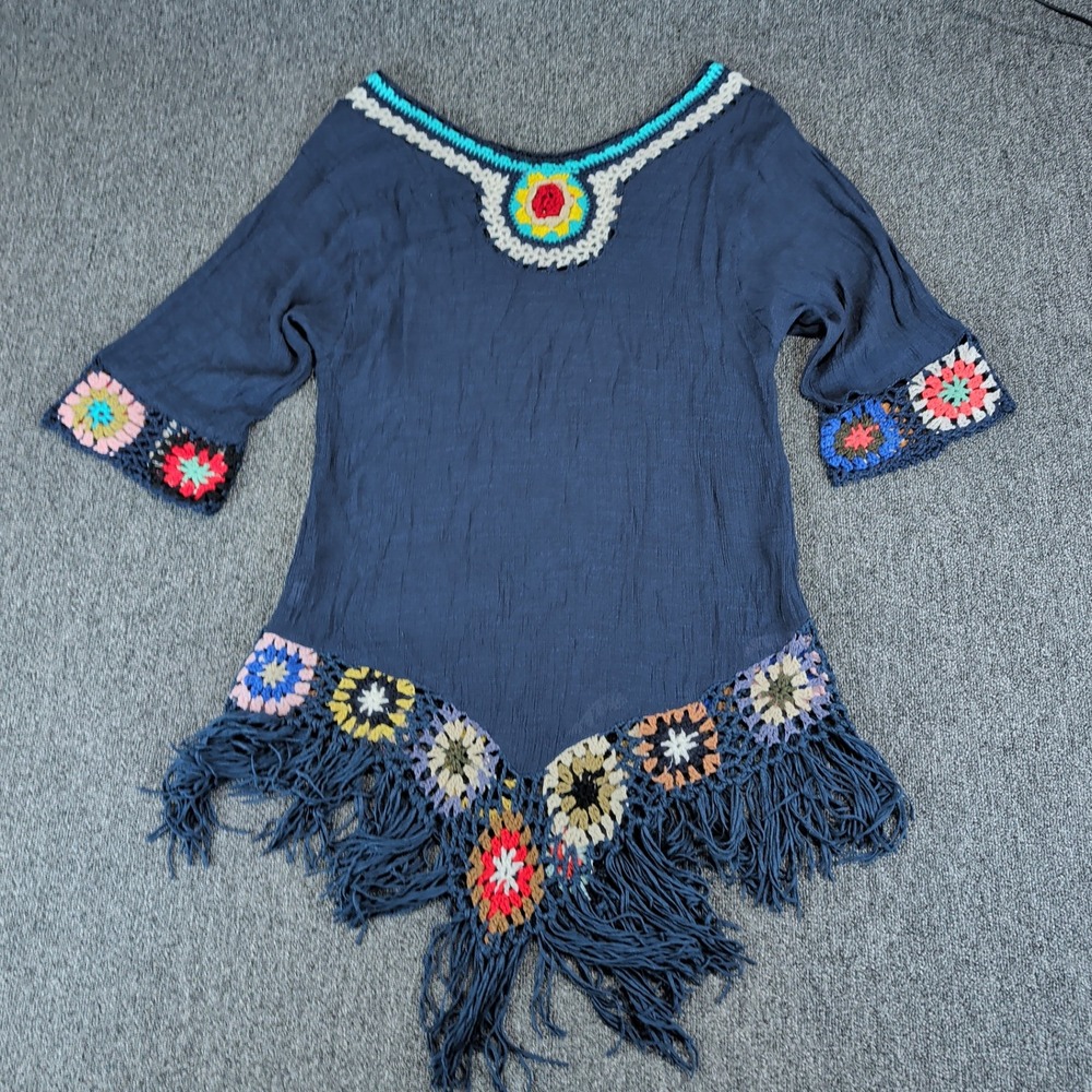 Boho Festival Granny Square Crochet Fringe Tunic Top Women M L Navy Blue Rayon — photo 2
